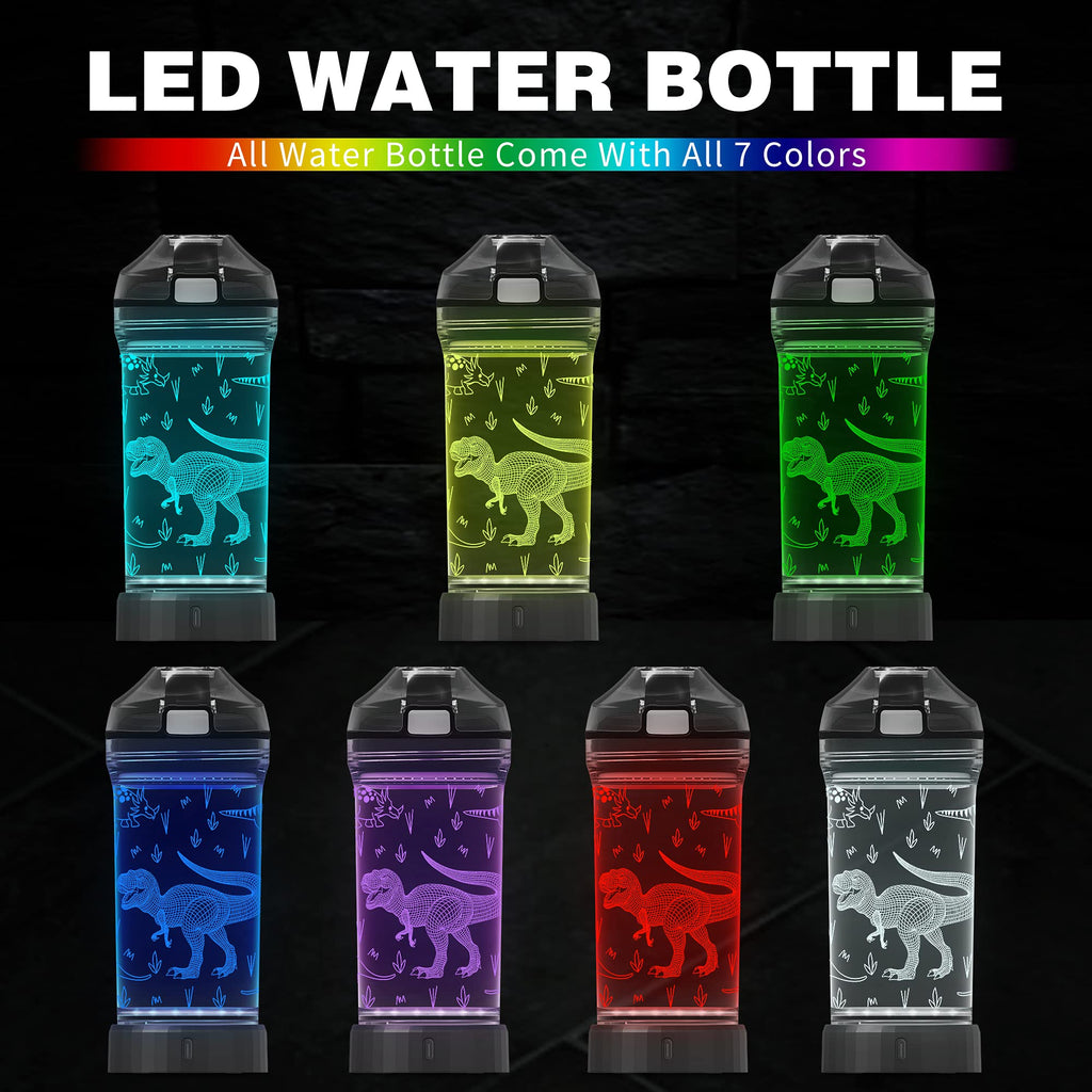 YuanDian Dinosaur Water Bottle, Light Up Boy Drinking Cups with 3D Dinosaur Night Light- 14 OZ Tritan BPA Free Eco-Friendly - Cool Jurassic Merchandise Gift for School Kids Boy Girl