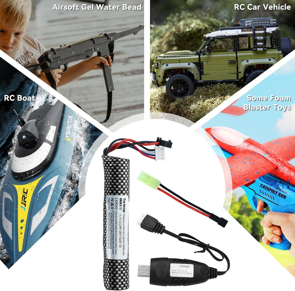 11.1V Battery Gel Blaster - High-Capacity 2000mAh Airsoft Battery with Charger & Mini Tamiya Connector