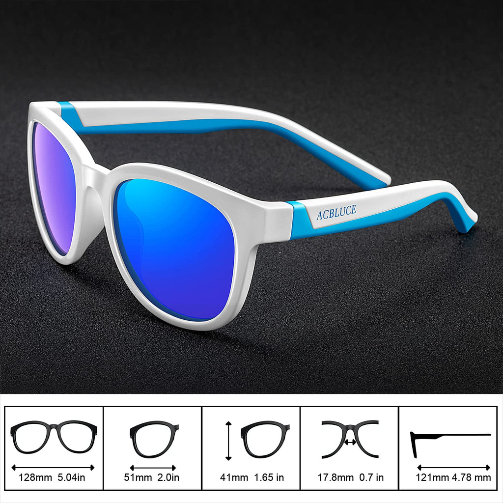 ACBLUCE Kids Polarized Sunglasses for Boys Girls Children Youth Teen Sport Glasses for Baseball Running Cycling Softball White Blue Age 6-12