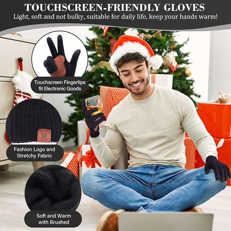 Mens Winter Beanie Hat and Scarf with Touchscreen Gloves Set - Black, One Size