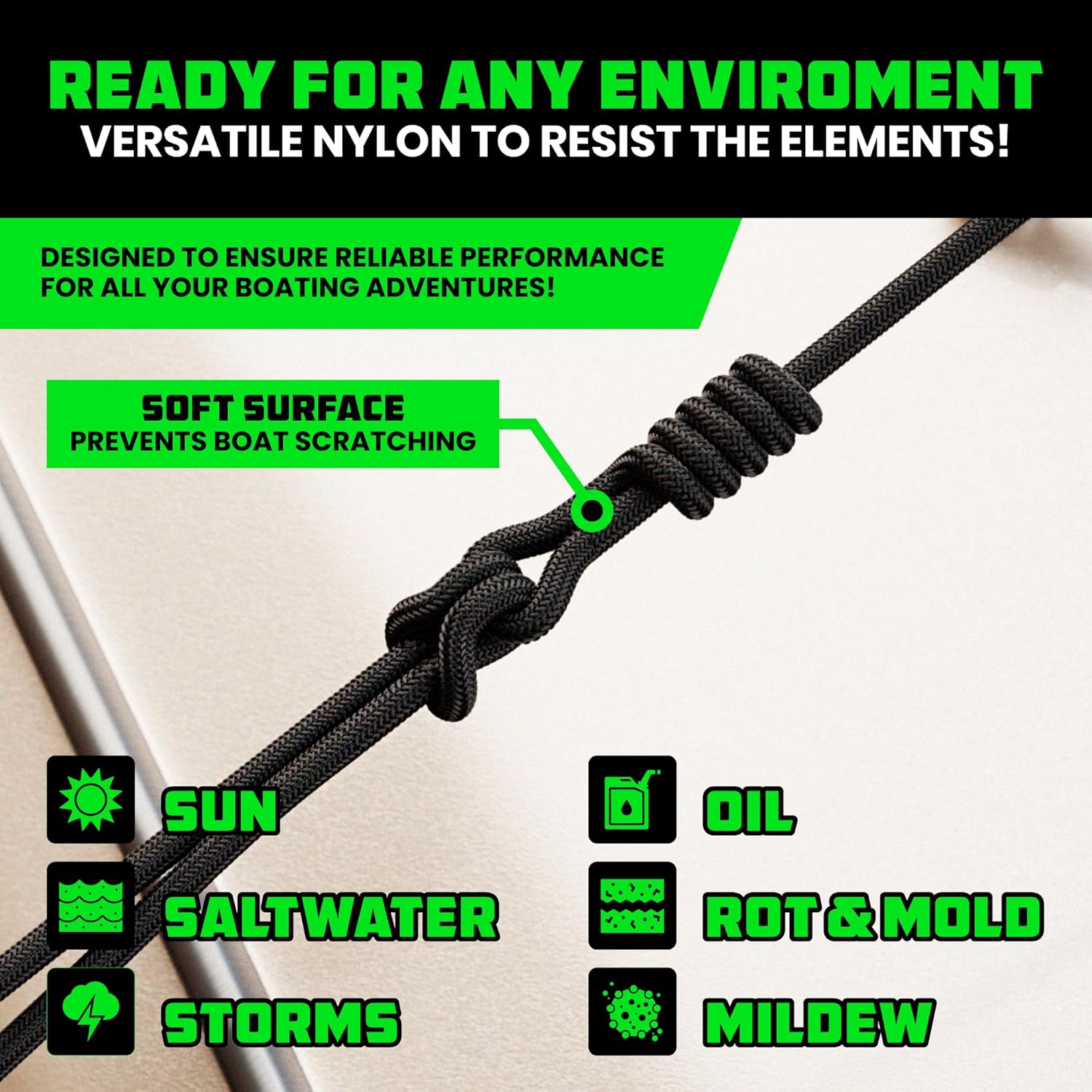 Rhino USA Dock Lines - Heavy Duty 5/8" x 16' Marine Grade Rope for Boats, Kayaks & Pontoons - Black