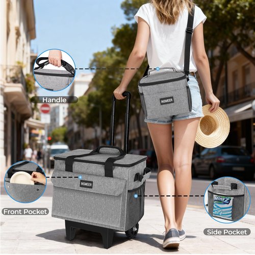 INSMEER Rolling Coolers with Mini Lunch Bag, 50 Cans Collapsible Hard Liner Cooler with Wheels, 2-in-1 Portable Trolley Cart, Coolerbag for Grocery Shopping