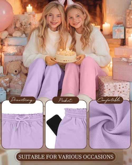 LessonZoo 3 Pack Girls' Sweatpants Straight Wide Leg Kids Drawstring Casual Joggers Teen Loose Athletic Pants with Pockets(9-10 Years,Light Purple, Pink, Black)