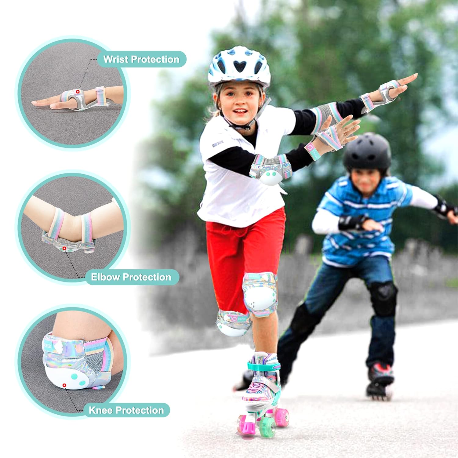 SULIFEEL Rainbow Unicorn Protective Gear Set - Adjustable Knee Pads, Elbow Pads & Wrist Guards for Kids | Shiny Small