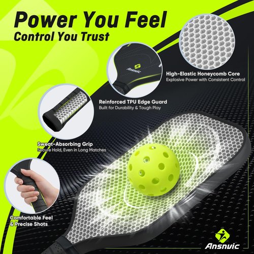 Ansnvic Pickleball Paddle T700 Carbon Fiber Surface & 16mm PowerCore Easy Spin, Great Control & Comfortable Power Lightweight Paddle for All Skill Levels