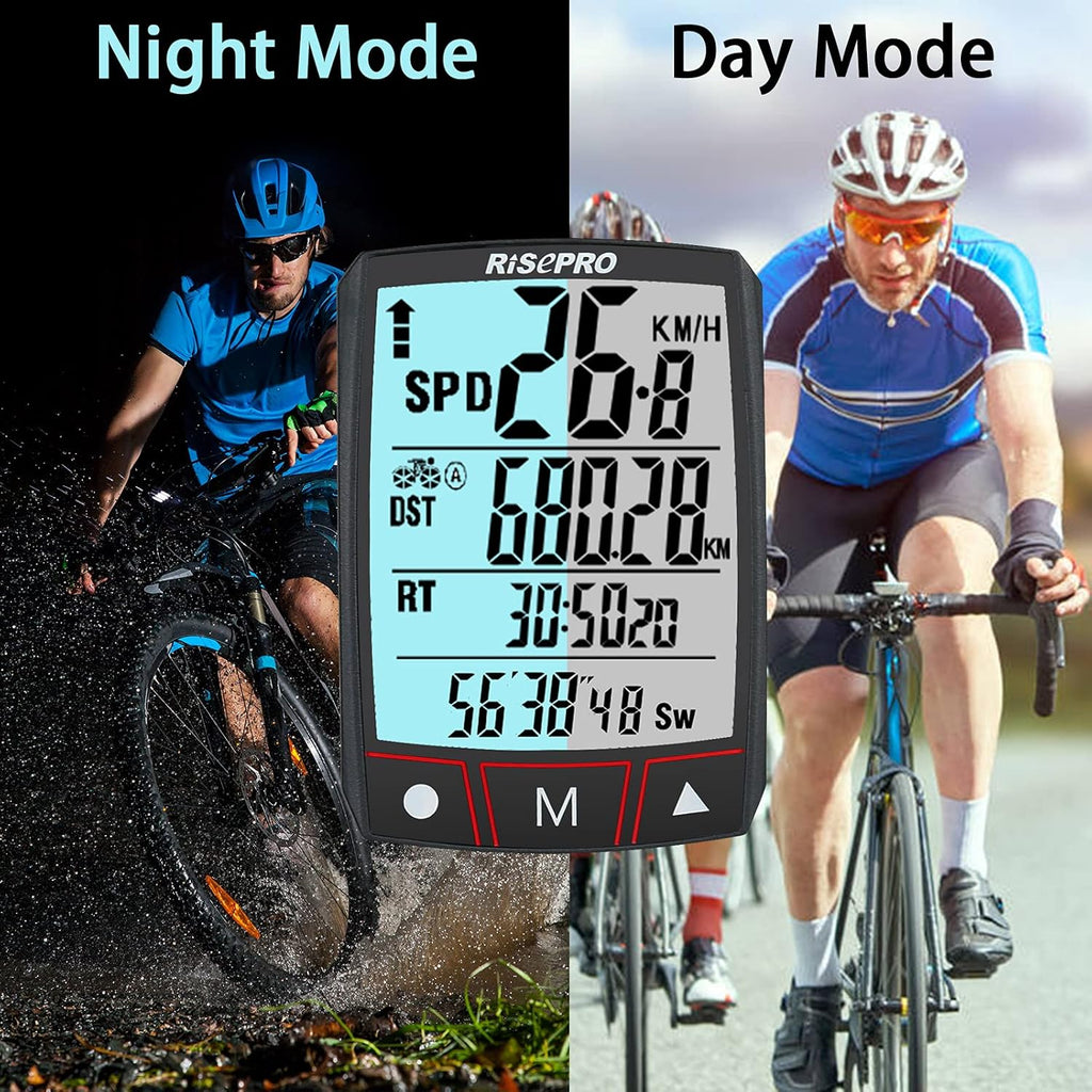 RISEPRO Wireless Bike Computer - Waterproof Touchscreen Speedometer & Odometer | Multi-Function LCD Display