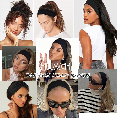 Huachi Women's Black Headbands - Non-Slip Elastic Hair Accessories | Pack of 4 Stylish Workout Bands