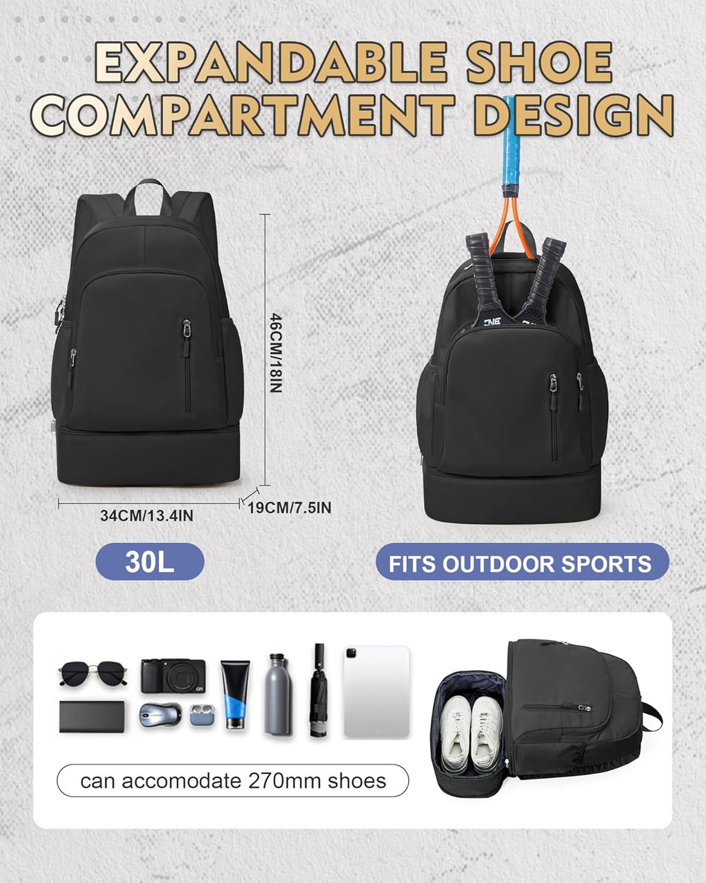 Skiennix Gym Backpack - Lightweight Waterproof Sports Bag with Shoe Compartment | Black