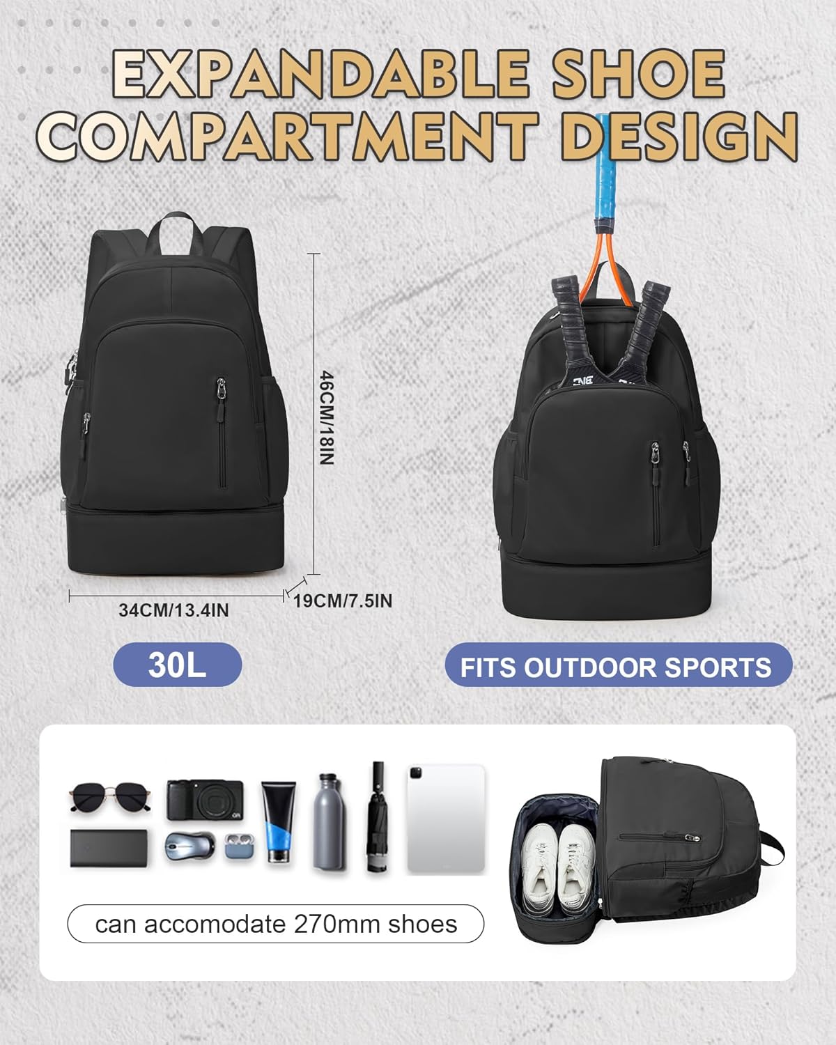 Skiennix Gym Backpack - Lightweight Waterproof Sports Bag with Shoe Compartment | Black