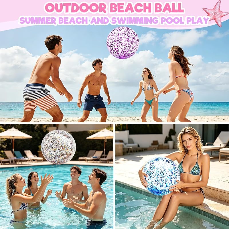 Multicolor 12 Pack 16” Glitter Beach Balls - Inflatable Pool Toys for Summer Party