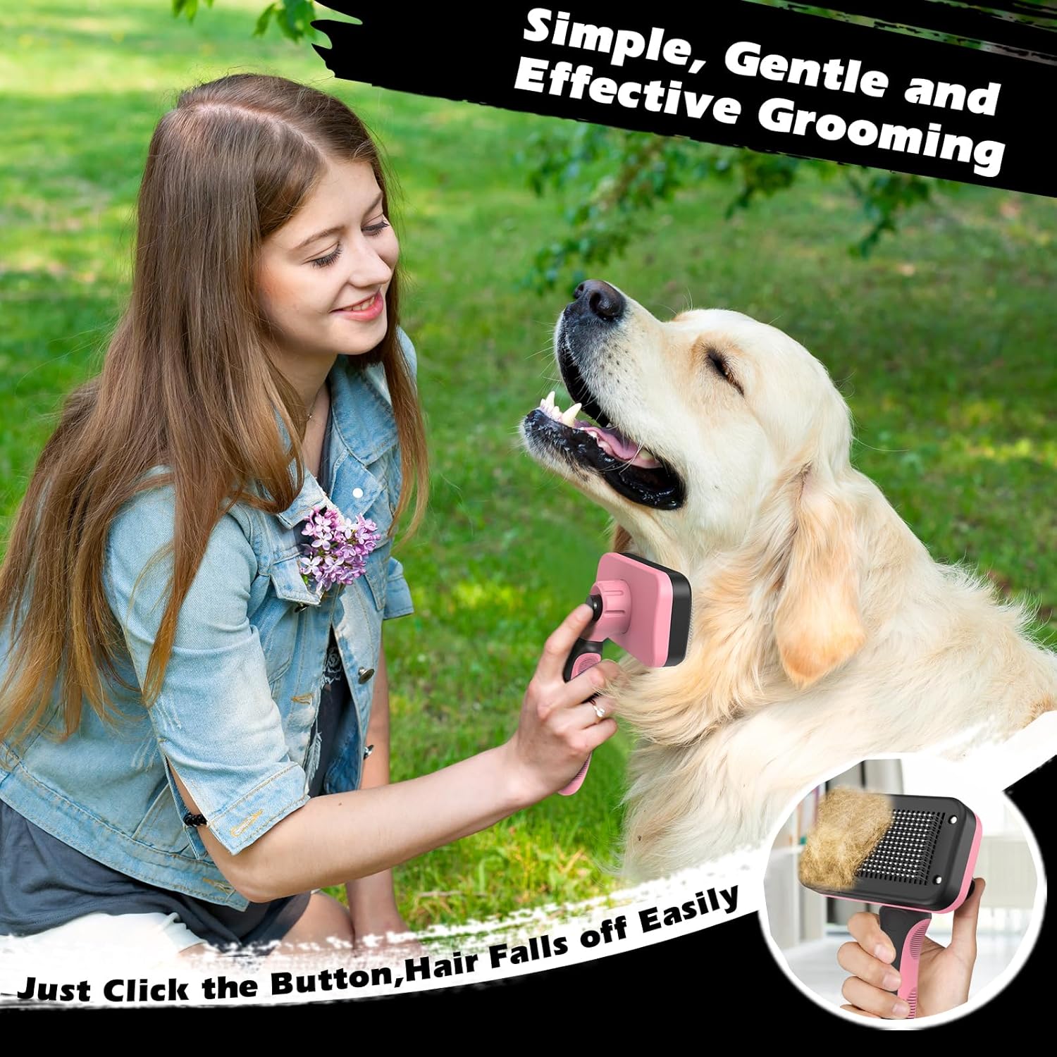 Skiennix Self-Cleaning Slicker Brush Set - Pet Grooming Rake & Flea Comb for Dogs, Cats, Horses | Light Pink