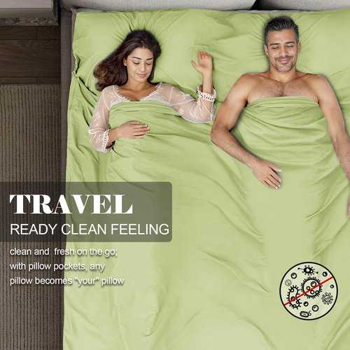 BREENHILL Double Sleeping Bag Liner，Camping Sheets & Travel Sheet, Hostels & Traveling Adult Sleep Sack for Backpacking, Hotels Lightweight Single & Double Camping Sleeping Bag Liners Green