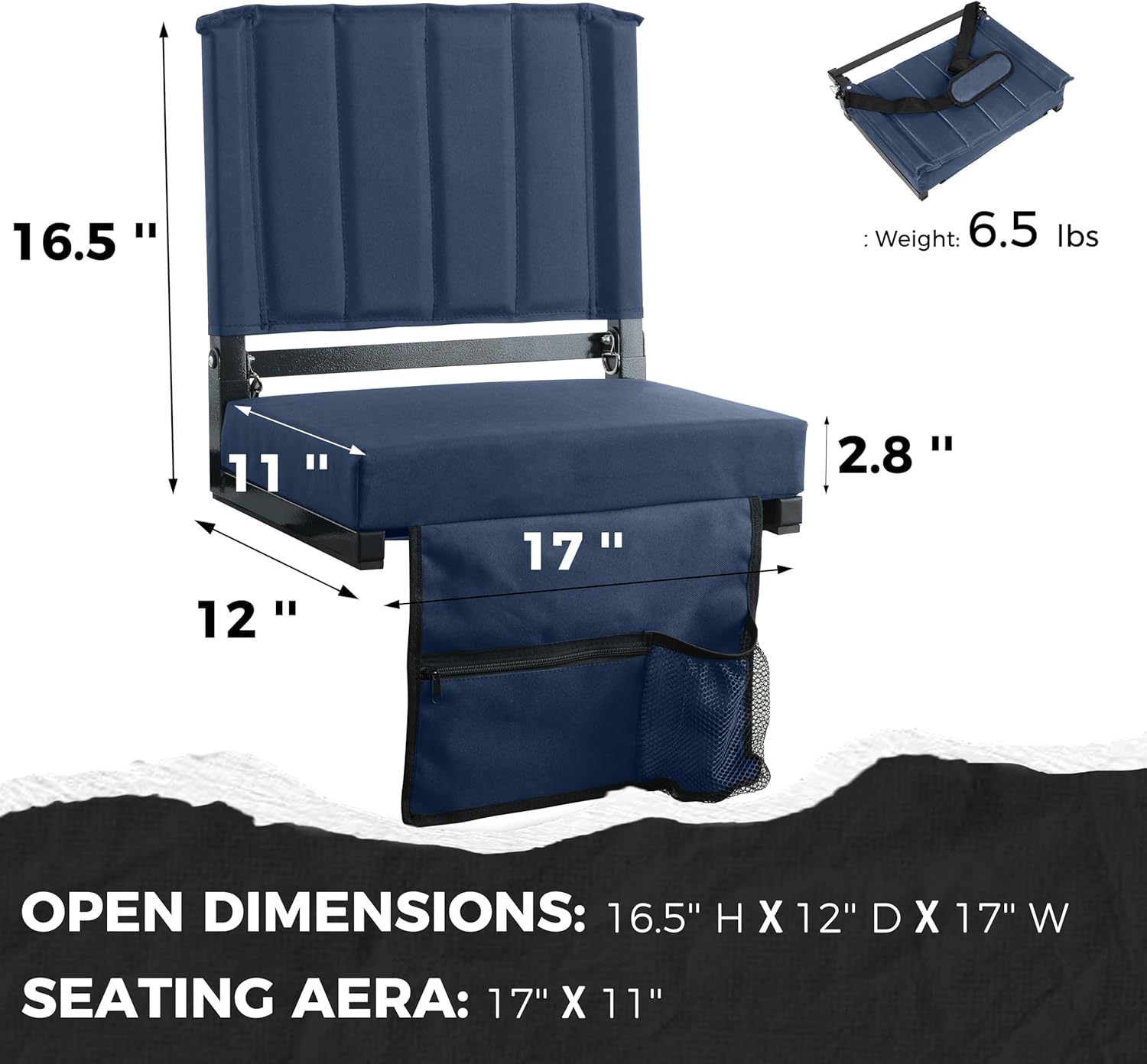 Sport Beats Stadium Seats - Comfortable Bleacher Chairs with Back Support & Cushion | Navy Blue, 2-Pack - 17" W x 12" D x 16.5" H