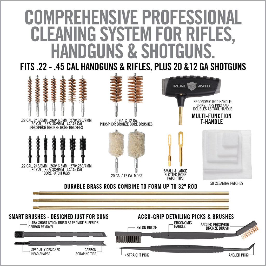 Real Avid Master Cleaning Station - Universal Gun Cleaning Kit Includes Gun Mat 43x16" Bore Brushes, Jags, Gun Cleaning Patches, Rods, Mops, Picks