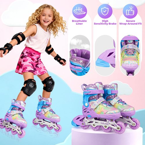 HALOSK Kids Inline Skates for Girls Boys with Light Up Wheels, Adjustable Blade Skates Gradient Glitter Star with Breathable Comfort Liner for Youth Beginners, for Ages 5–16
