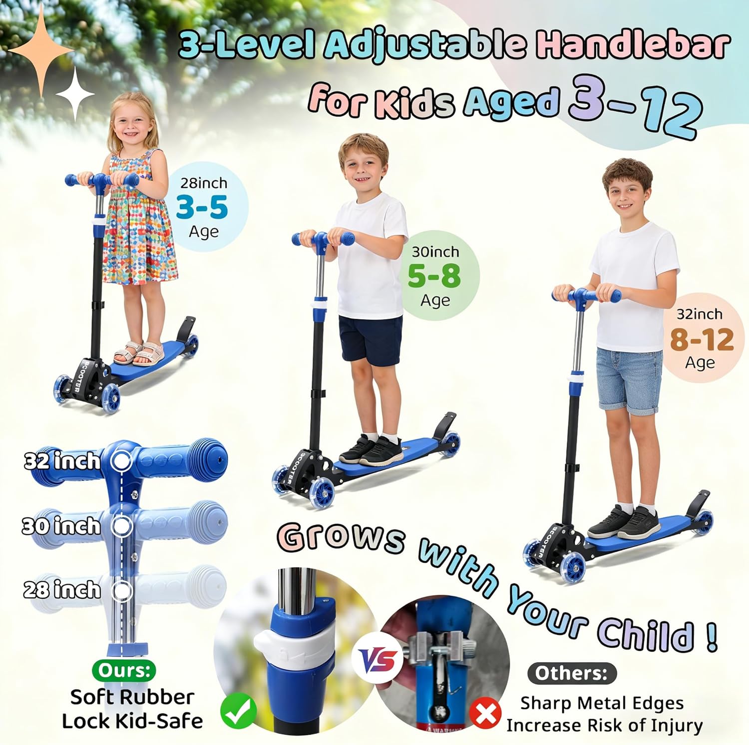 Skiennix Kick Scooter for Kids | Adjustable 28"-32" Handlebar, Light-Up Wheels, Anti-Slip Deck