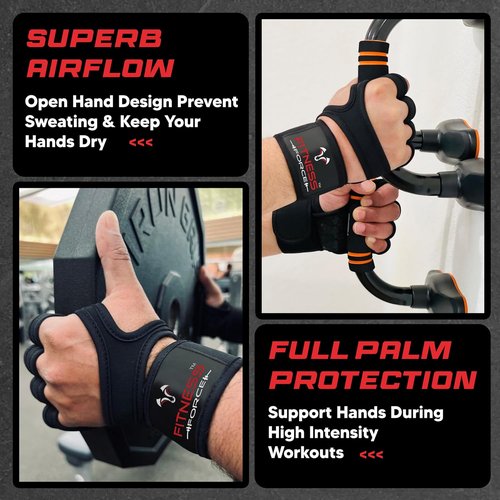 Fitness Force Ventilated Weightlifting Gloves - Fingerless Gym Gloves with Wrist Wraps for Men & Women