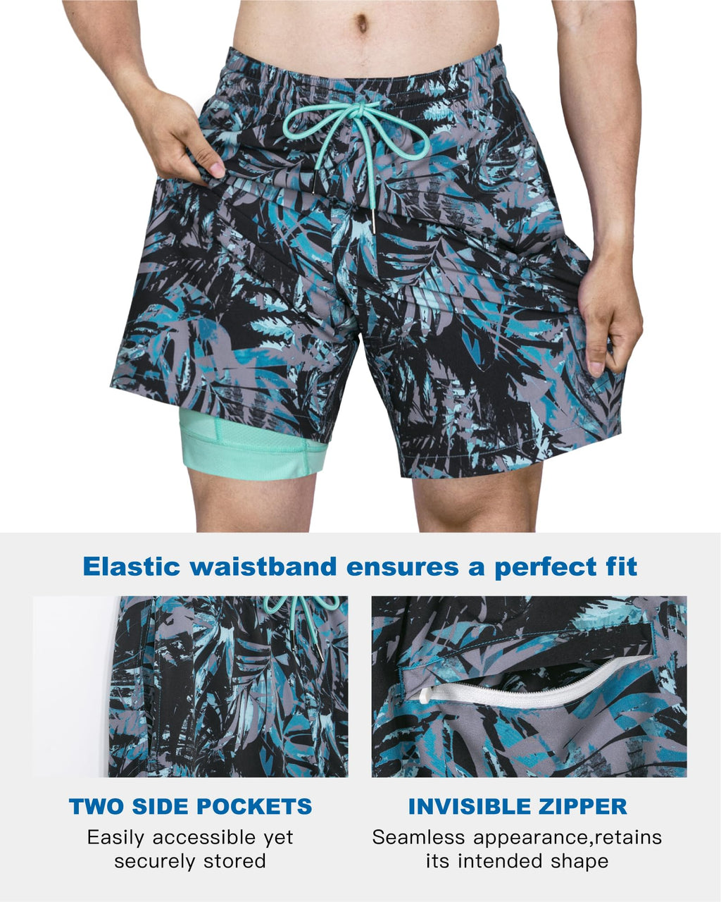 SURF CUZ Mens Swim Trunks with Compression Liner Quick Dry Swim Shorts 7" Swimming Trunks Stretch Bathing Suit Zipper Pockets,Forest Shadow,XS
