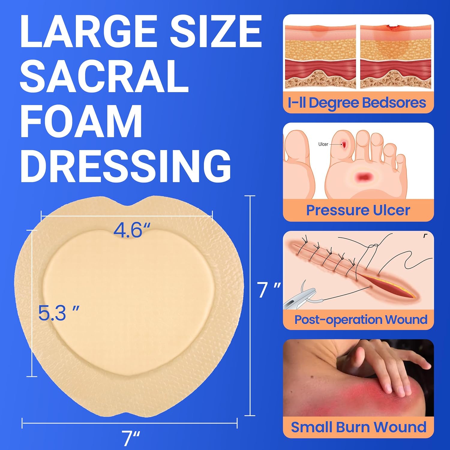 Skiennix Large Waterproof Bandages - Silicone Foam Dressings for Sensitive Skin | 7"x7", 10 PCS
