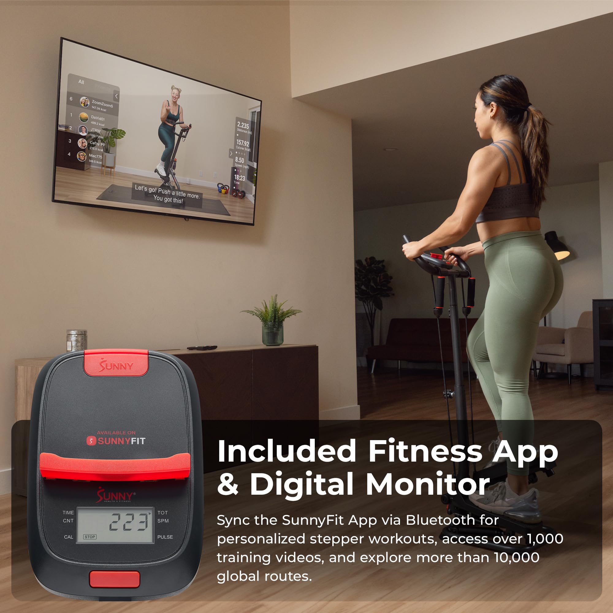 Sunny Health & Fitness Total Body 2-in-1 Smart Stepper Machine for Home with Handlebar and Resistance Bands, Total Body Workout, Adjustable Hydraulic, LCD Monitor, Non-Slip Pedals – 330 LB Max Weight