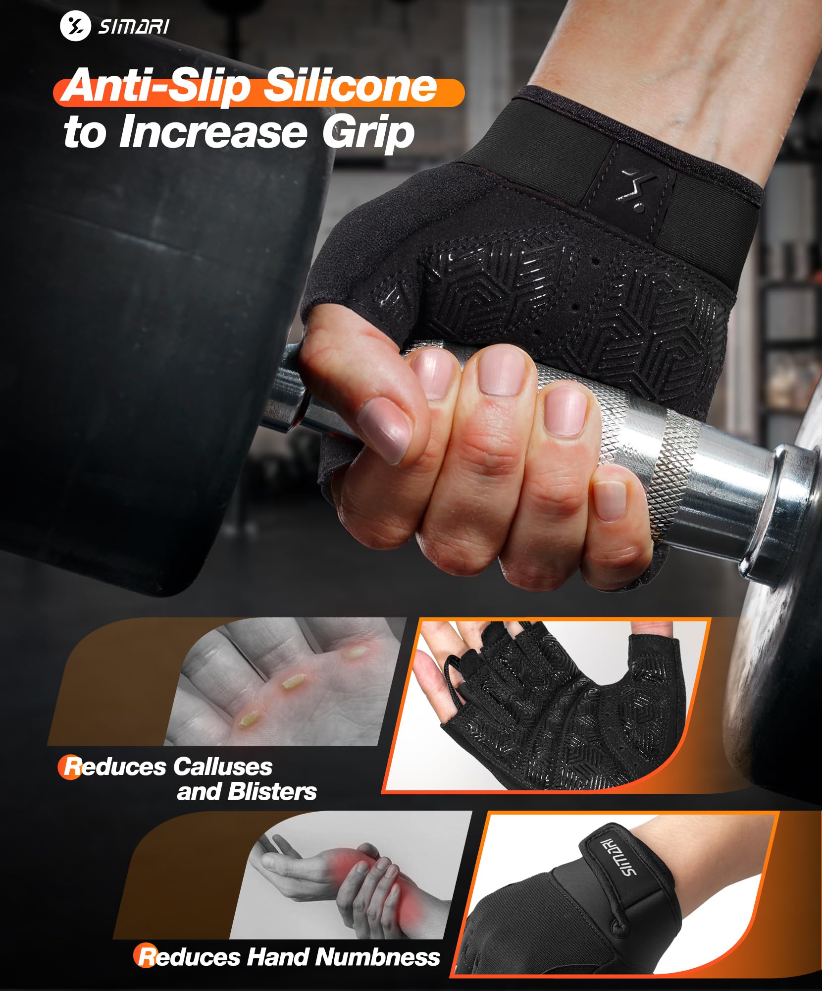 SIMARI Breathable Workout Gloves for Men & Women, Weight Lifting Gloves with Padded, Grip, Full Palm Protection, Gift for Gym Exercise, Cycling, Weightlifting Training, Kayaking, Fitness (Black-M)