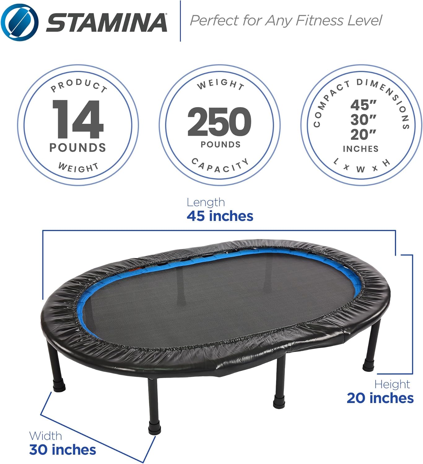 Stamina Folding Trampoline - Smart Workout App, Portable Fitness Rebounder for Home Gym, Black