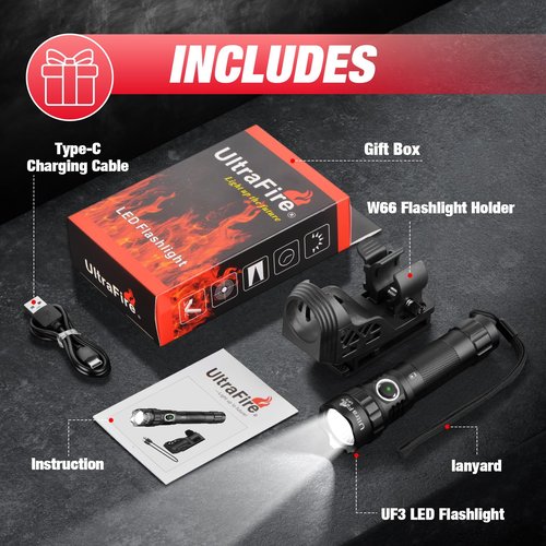 ULTRAFIRE Tactical Flashlight with Holster, 1200 High Lumen Police Flashlight with Holster for Duty Belt, Law Enforcement Flashlights with Belt Holder, Rechargeable Small LED Flash Light UF3