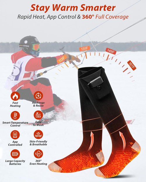 Heated Socks with App Control, Rechargeable Electric Socks with 2×6000mAh Batteries, Fast Heating & Constant Temperature, Winter Hiking Gear for Men & Women, Ideal for Hunting & Gifts