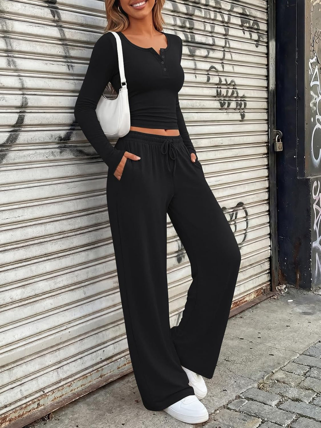Trendy Queen Women's Lounge Set - Long Sleeve Henley Crop Top & Wide Leg Pants | Casual Comfort