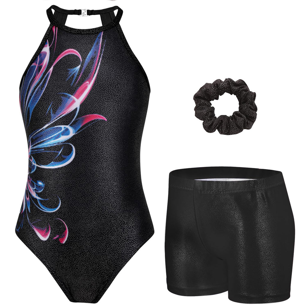 Zaclotre Dance Leotard for Girls Sparkly Clasp Back Sleeveless Dancewear Gymnastic Outfit with Shorts Black Abstract 9-10Y
