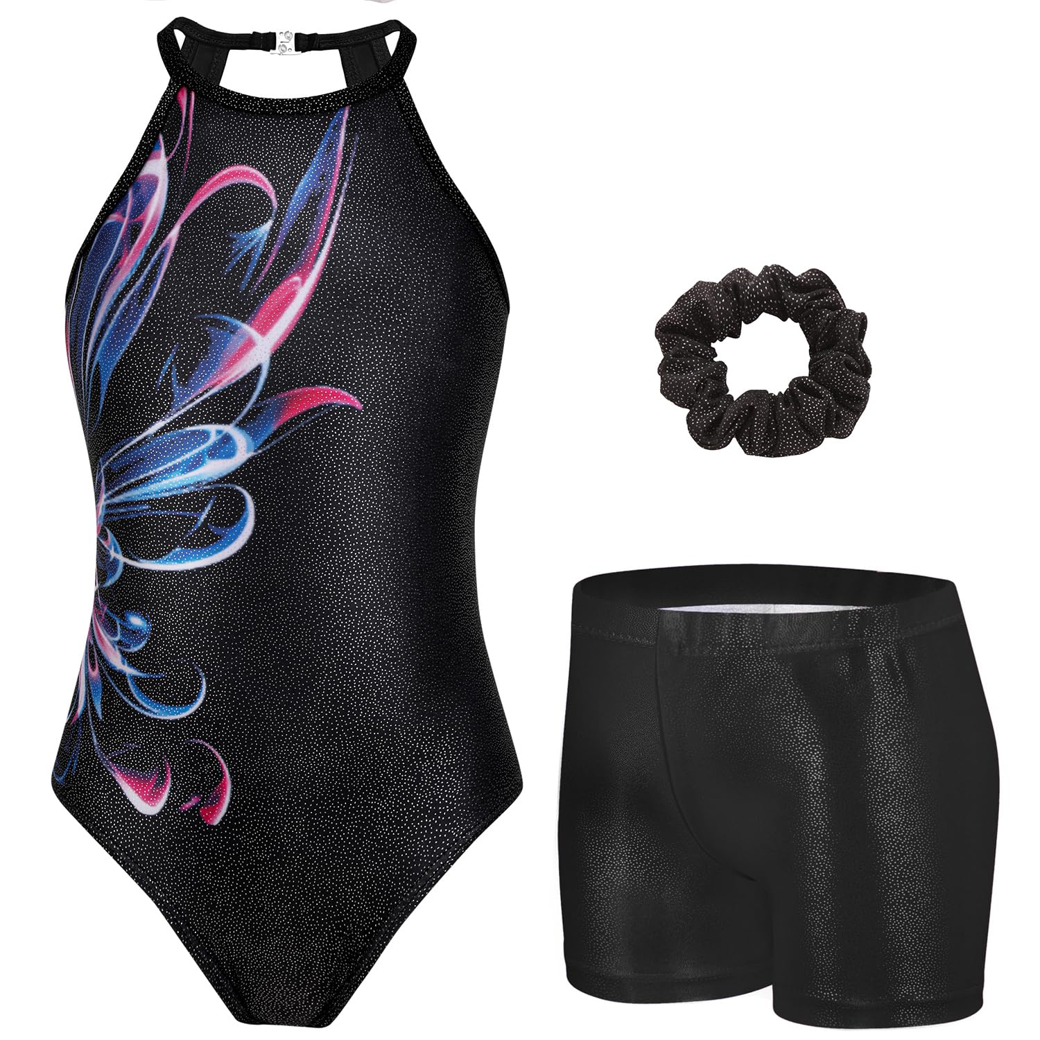Zaclotre Dance Leotard for Girls Sparkly Clasp Back Sleeveless Dancewear Gymnastic Outfit with Shorts Black Abstract 9-10Y