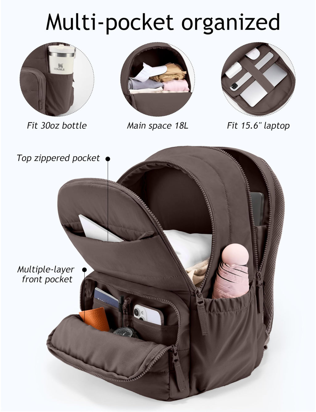 Uselike Travel Backpack for Women, 15.6 Inch Laptop Backpack, Quilted College Bookbag, Cute Work Backpacks, Water Resistant (Dark Brown)