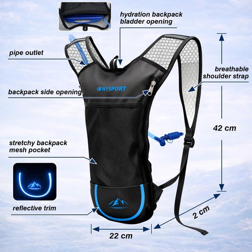 2 Pack Hydration Backpack Pack with 2L Hydration Bladder, TNYSPORT Lightweight Breathable Water Backpack with 3 Layer Pockets, Reinforced Shoulder Straps (Blue & Light Gray)