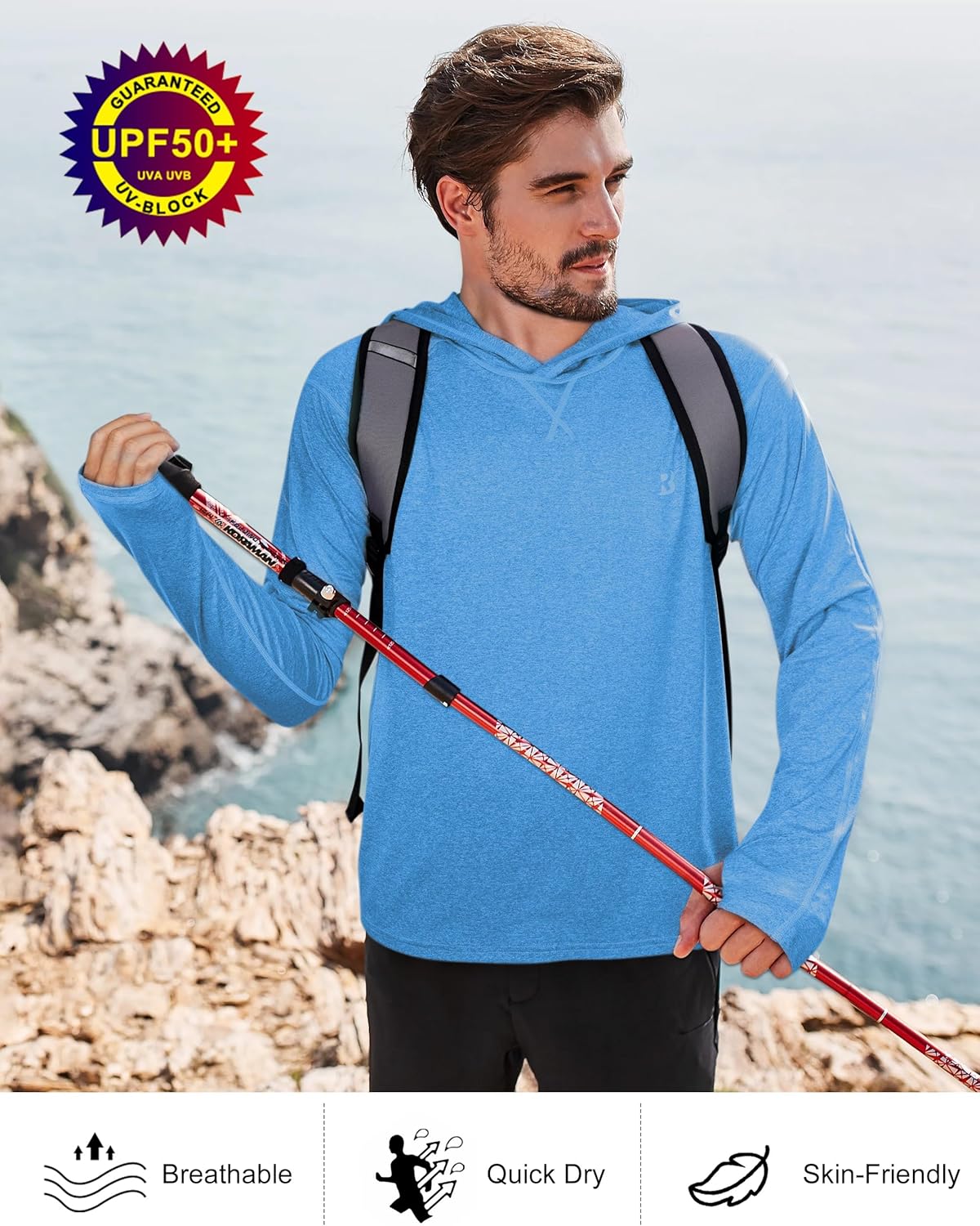 Roadbox Men's Fishing Shirt - UPF 50+ Long Sleeve UV Sun Hoodie for Hiking & Athletic Wear