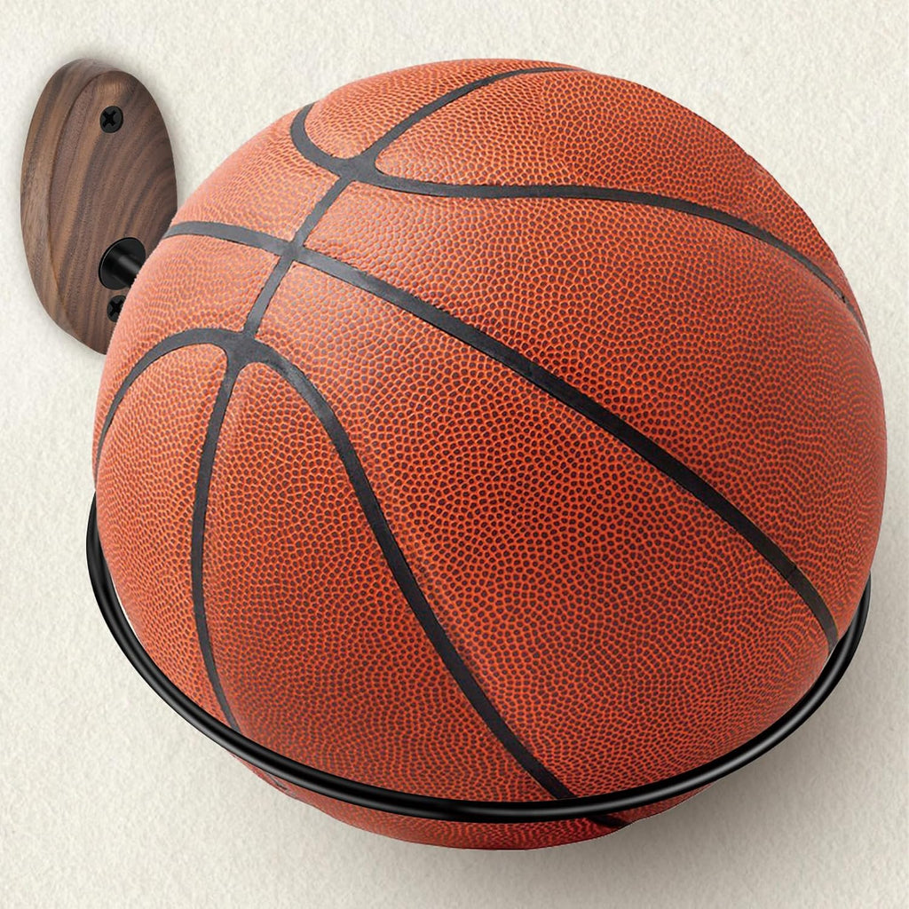 Skiennix Basketball Holder Wall Mount - Stylish Black Walnut Storage for Basketball, Football & More | 4 Pack