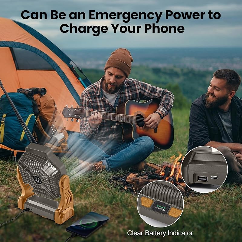 Odoland Portable Rechargeable Fan with 20000mAh Battery & LED Lantern - Brown