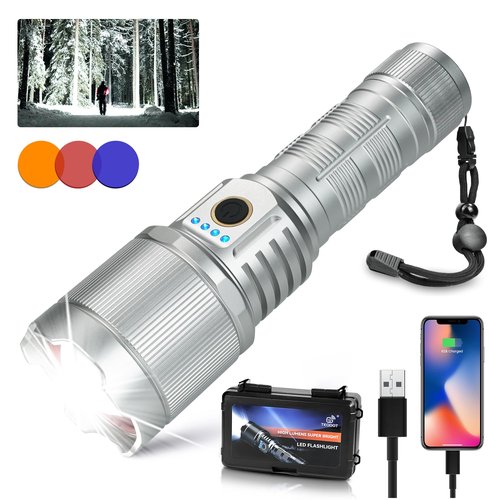 TEQDOT Flashlights High Lumens 990000 LED Rechargeable Tactical Flashlight Zoomable 3 Modes Fast Charging IPX6 Waterproof Super Bright Handheld Flashlights for Camping Hiking Outdoor and Gift
