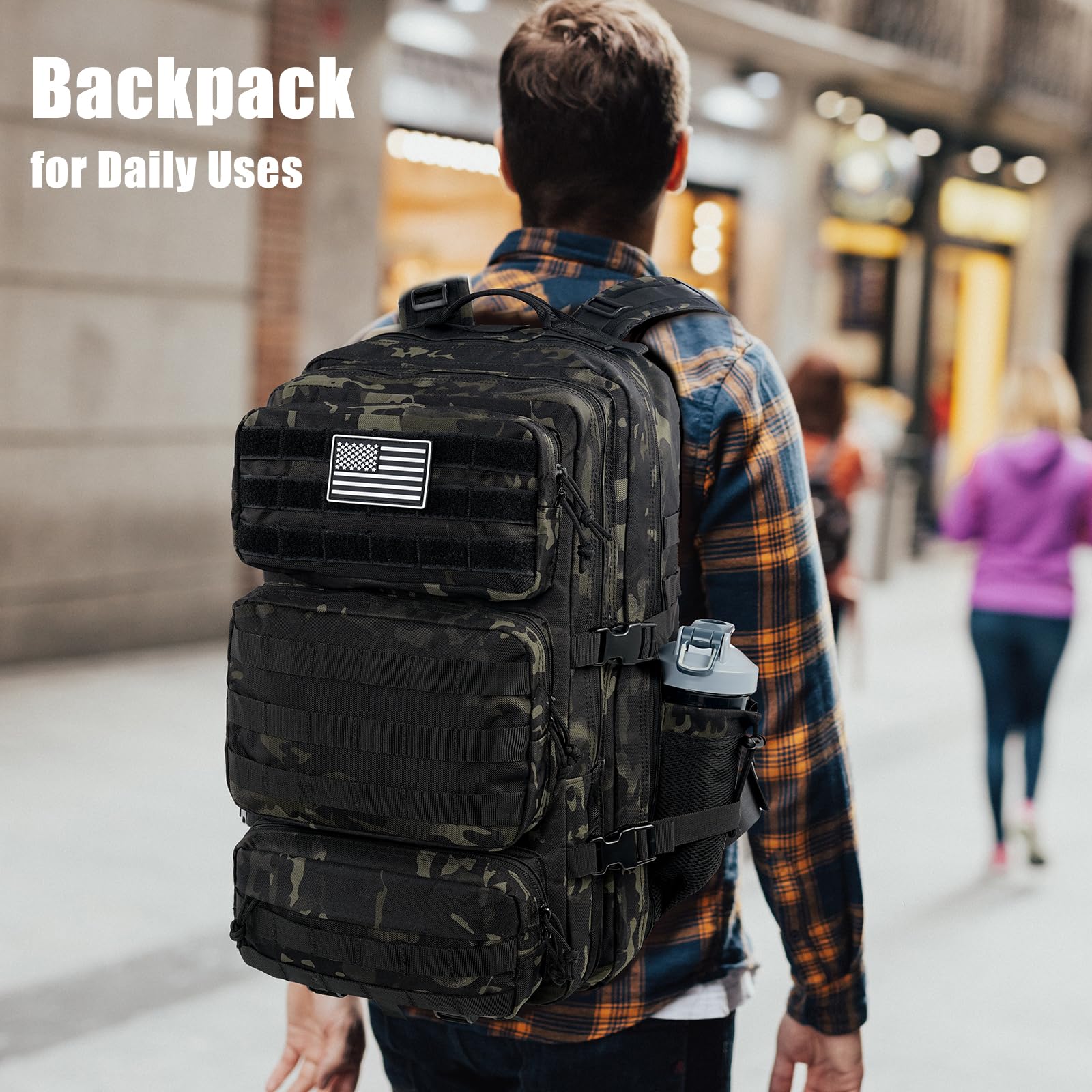 kookoomia Military Tactical Backpack 50L Large Day Backpack for Men Molle Army 3 Days Assault Pack Bug Out Bag Water Resistant and Heavy Duty Hiking Treeking Rucksack - Black Camo