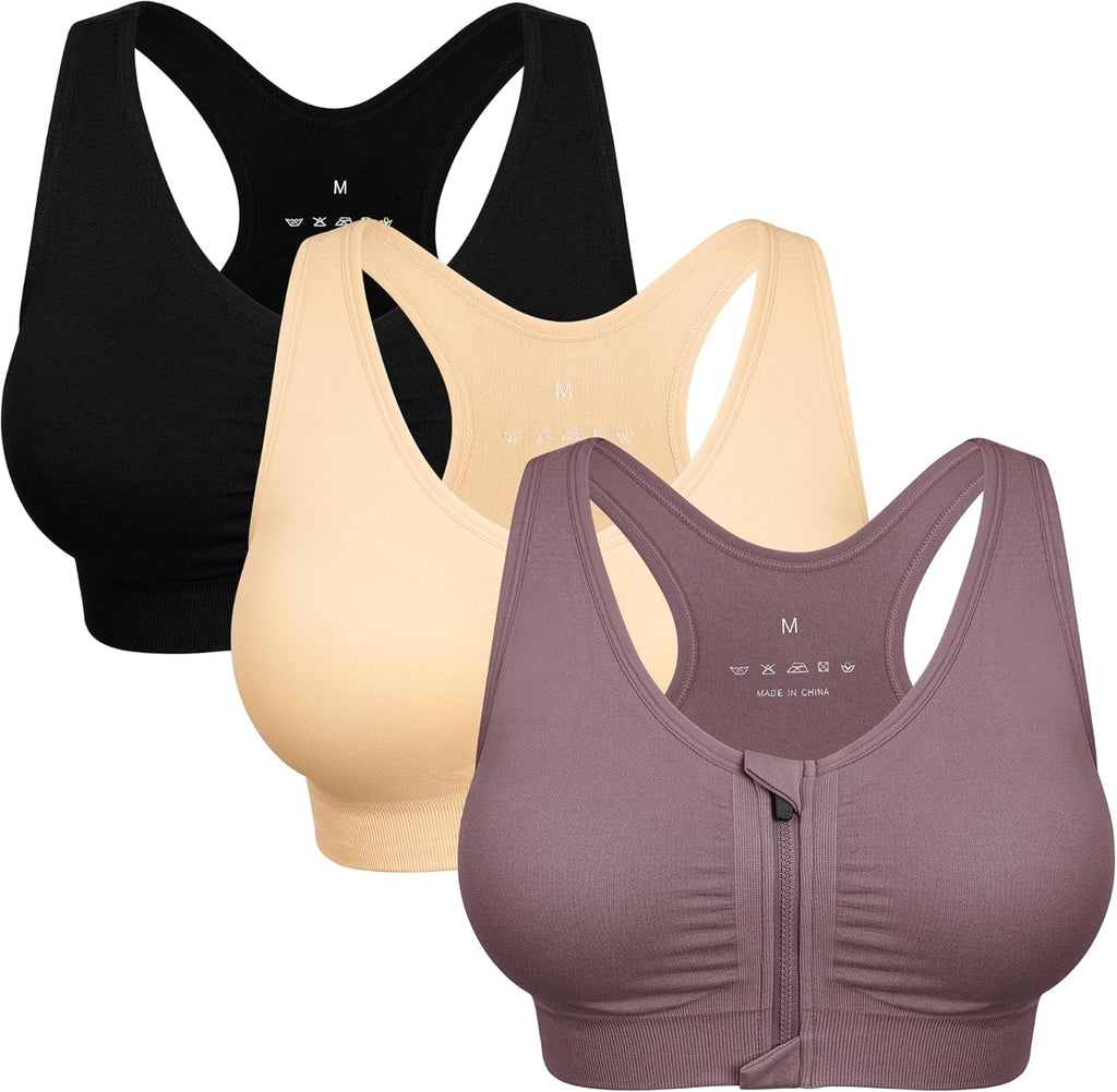 Skiennix Women's Zip Front Sports Bra - Wireless Post-Surgery Comfort for Active Yoga | Black