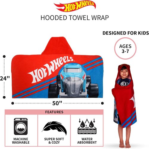Hot Wheels Hooded Towel Wrap - Soft Cotton Bath/Pool/Beach Towel, 24" x 50" by Franco Kids