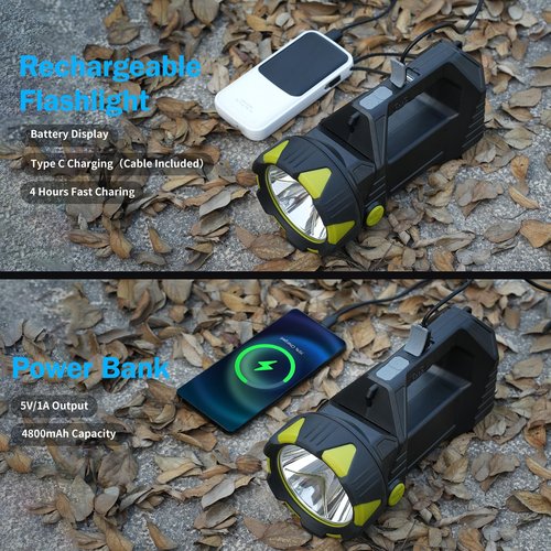 Bochaos LED Spotlight, 10000 Lumens Rechargeable Flashlight, 90° Rotate, 8 Modes with Cob& Tail Light, IPX5 Waterproof,4800mAh Battery, Handheld Flashlight for Camping, Emergency