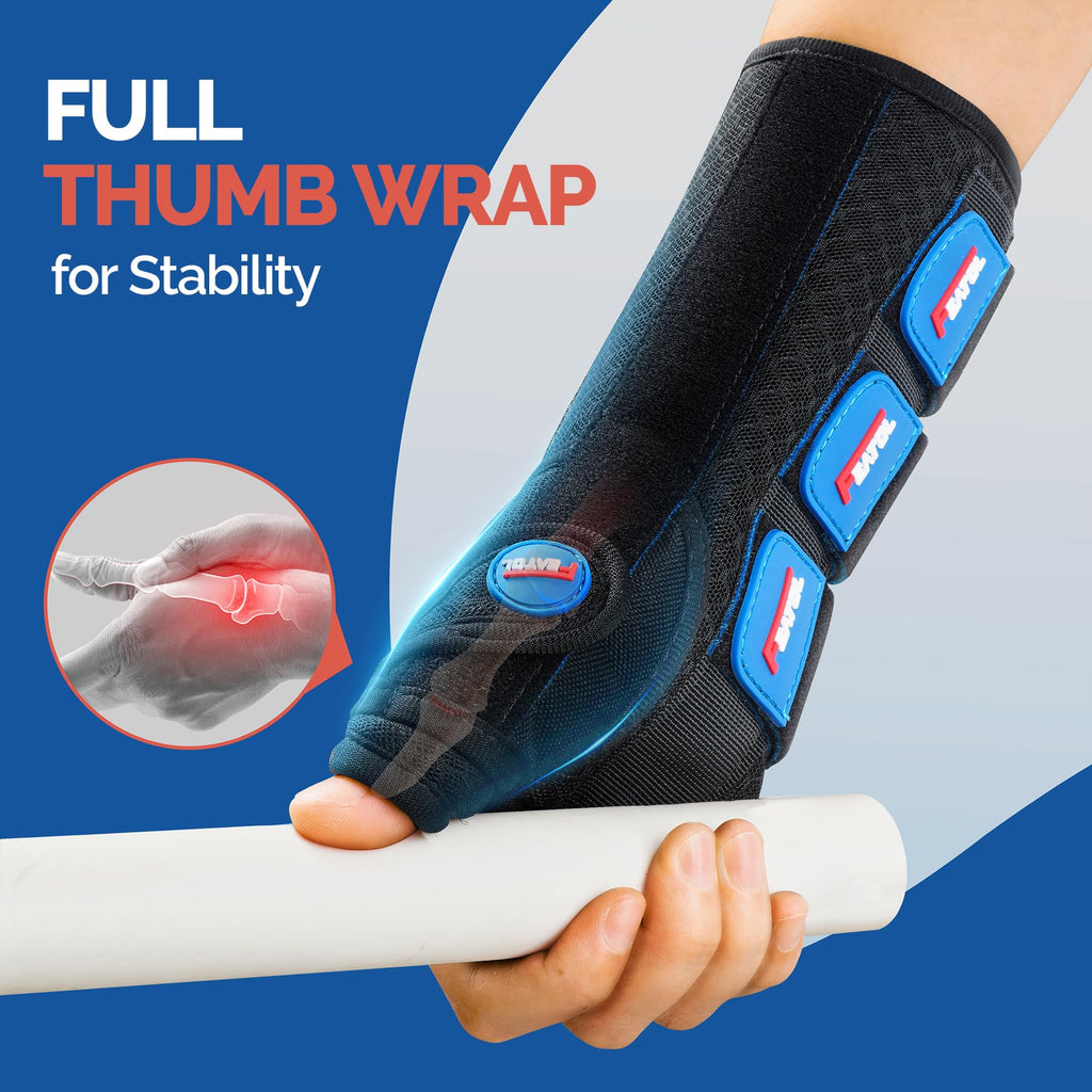 FEATOL Carpal Tunnel Wrist Brace Night Support, Thumb Spica Splint Left Hand for De Quervains Tenosynovitis, Tendonitis, Thumb Brace for Women Men, Black Blue, Large/XLarge