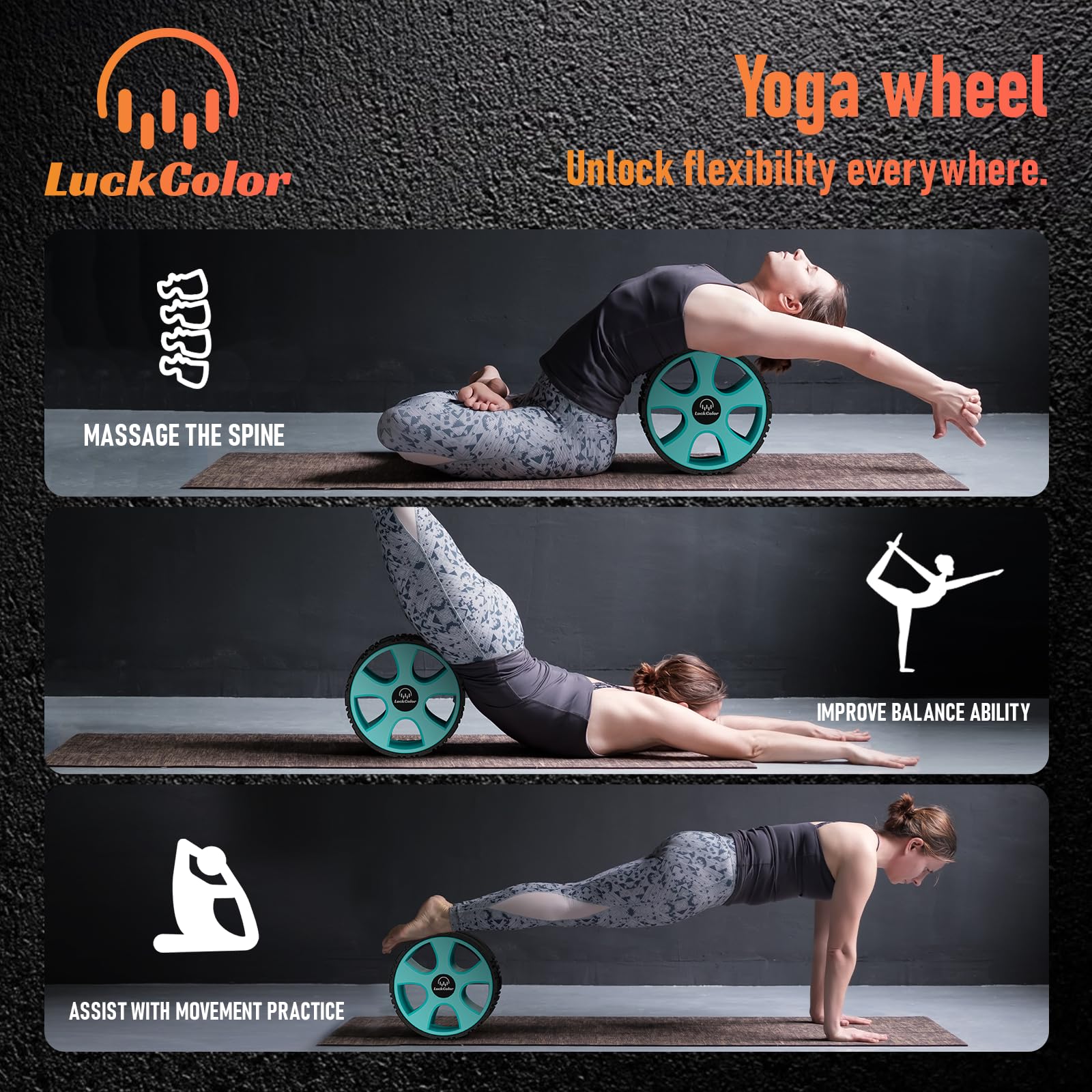 Back Roller, Back Wheel Targeted Back Pain Relief, Yoga Wheel Muscle Massage, Foam Roller for Trigger Point Therapy Physical, Stretching & Exercise, 880lbs Capacity, 10 Inch (Black+Acid Blue)