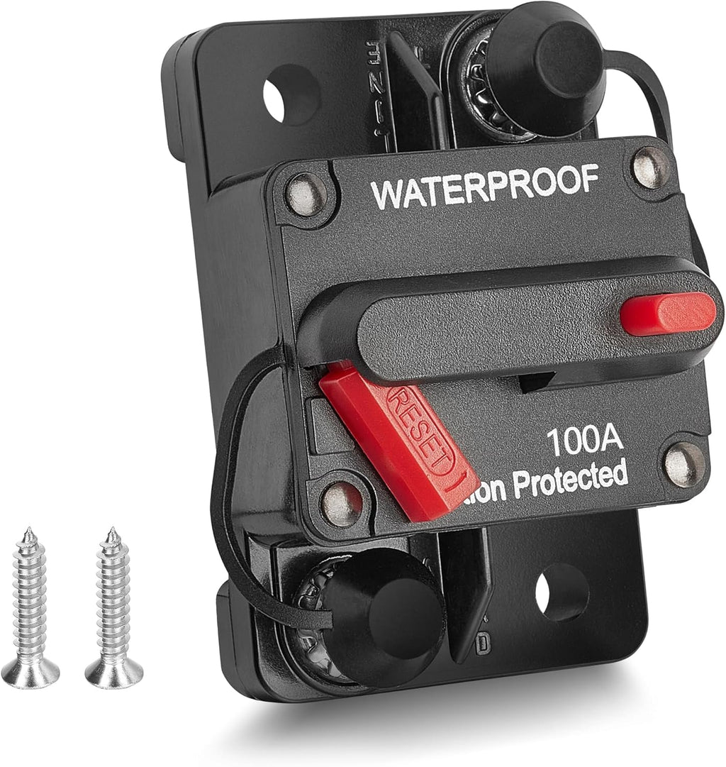 RED WOLF Waterproof 100Amp Circuit Breaker - Inline Fuse with Manual Reset for Marine & ATV 12V-48V DC
