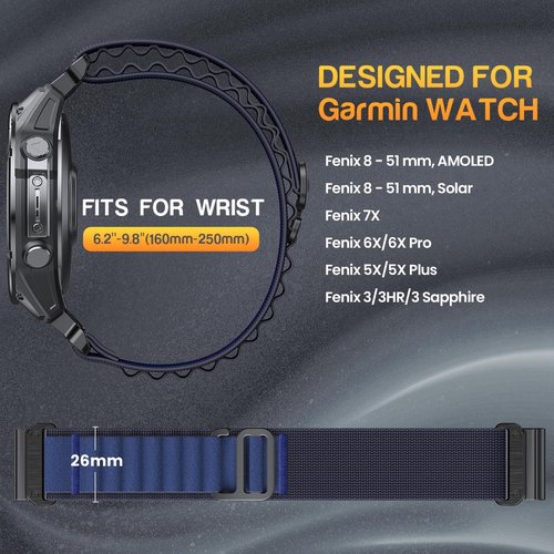BANSO 26mm Quick Fit Nylon Watch Band for Garmin Fenix 8 51mm /5X / 6X / 7X, Quickfit 26mm Rugged Watch Bands for Garmin Fenix 7X Pro Sapphire Solar / 6X Pro / 5X Plus, for Fenix 3, Tactix Delta
