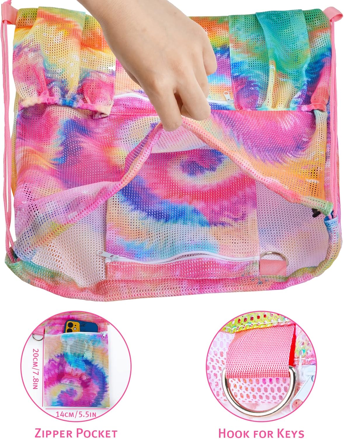 Skiennix Mesh Drawstring Bag - Versatile Beach & Gym Backpack with Zipper Pocket | Tie Dye Design