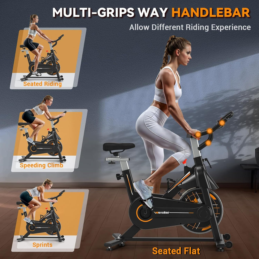 Wenoker Exercise Bike - App Sync Indoor Stationary Bike with Adjustable Seat & Multi-Grip Handlebars | Ideal for Weight Loss