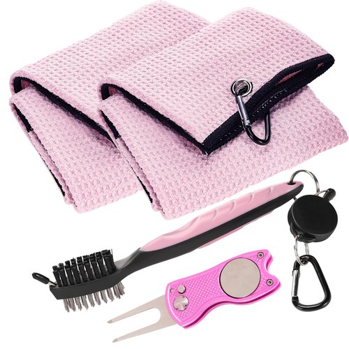 Aulock Golf Towel and Brush Set, Microfiber Towels for Golf Bags, Women Cleaning Kit with Ball Marker Golf Divot Tool Brush, Pink