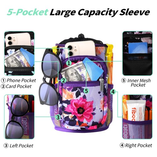 AceTreker 64 oz 128 oz Neoprene Water Bottle Holder with Strap & 5 Pockets for Insulated Metal Hydro Jug Water Bottles, Thermo Flask Sleeve Carrier Bag for Camping Trip-Purple Rose