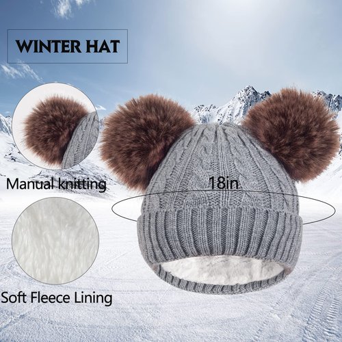 Women Winter Beanie Hat Gloves Scarf Set Knit Warm Neck Warmer Thick Fleece Lined Thermal Cap with Fashion Cute Pom Pom Gray Infitiny Scarves Touch Screen Cold Weather Snow Ski